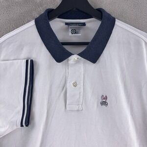 Psycho Bunny Pique Polo Shirt Mens Size 7 White Navy Trim Stretch Casual Golf